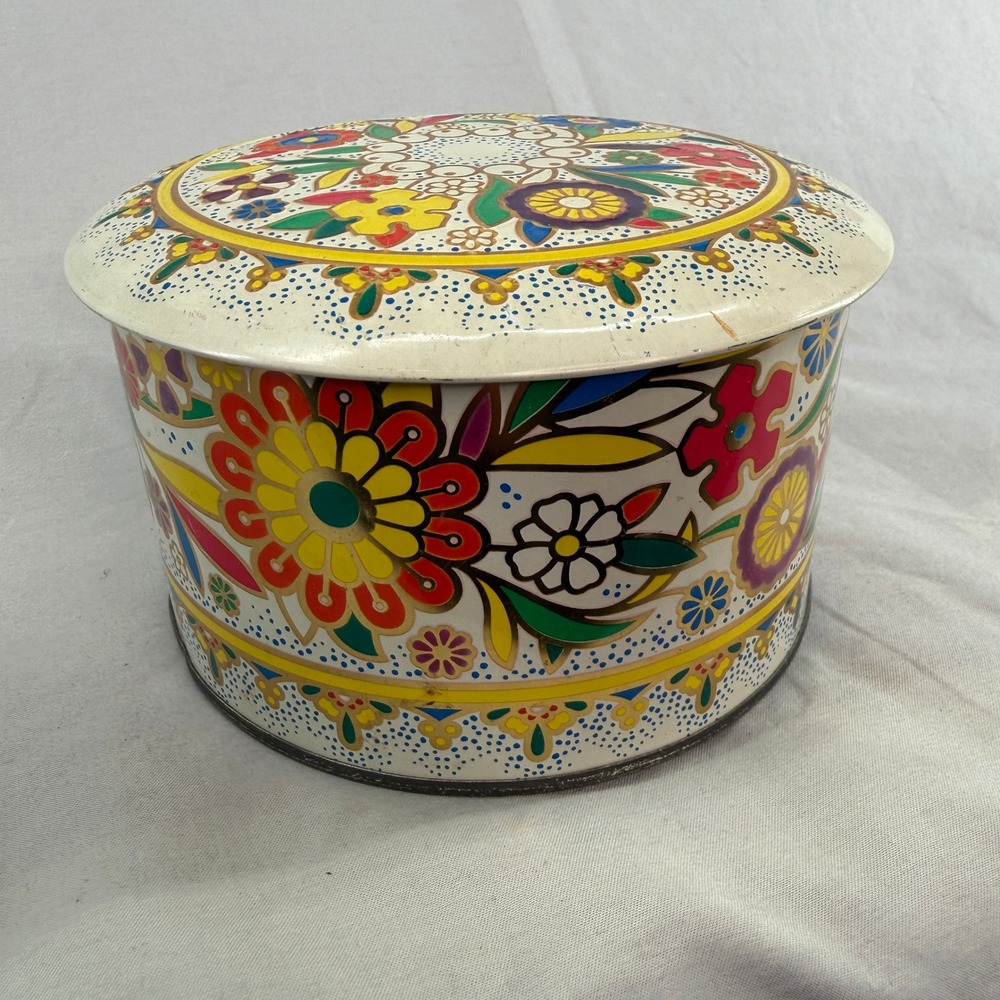 Vintage Daher Floral Tin Round Metal Storage Container Made in England 6 Inch